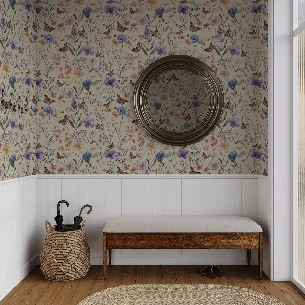 Behang Wilde bloemen en vlinders in zachte aquarelstijl a00389