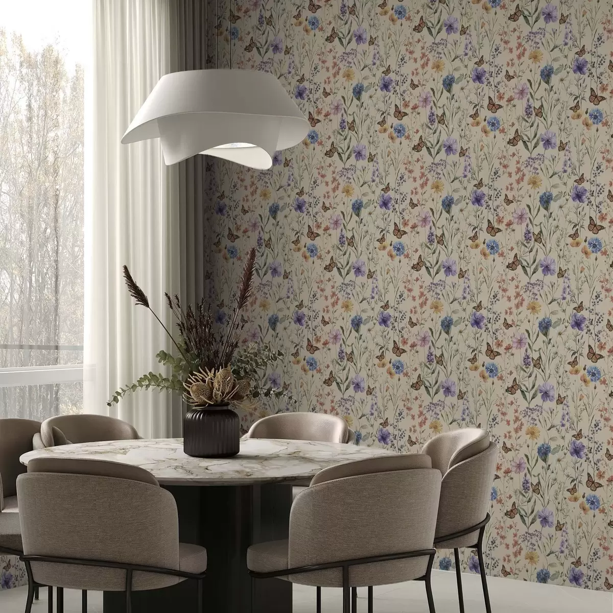 Behang Wilde bloemen en vlinders in zachte aquarelstijl a00389