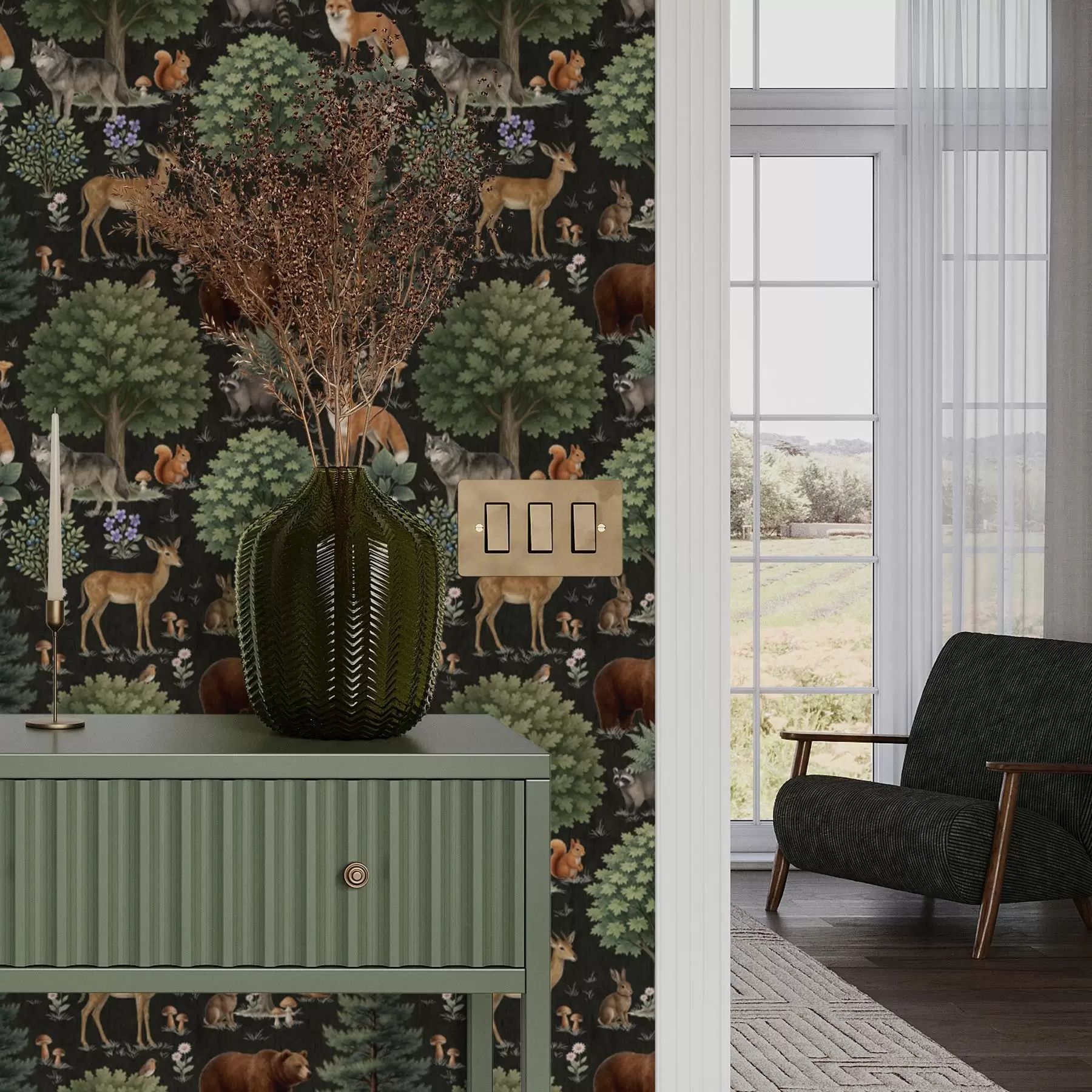 Fotobehang Aquarel bosdieren met bomen en paddenstoelen a00391