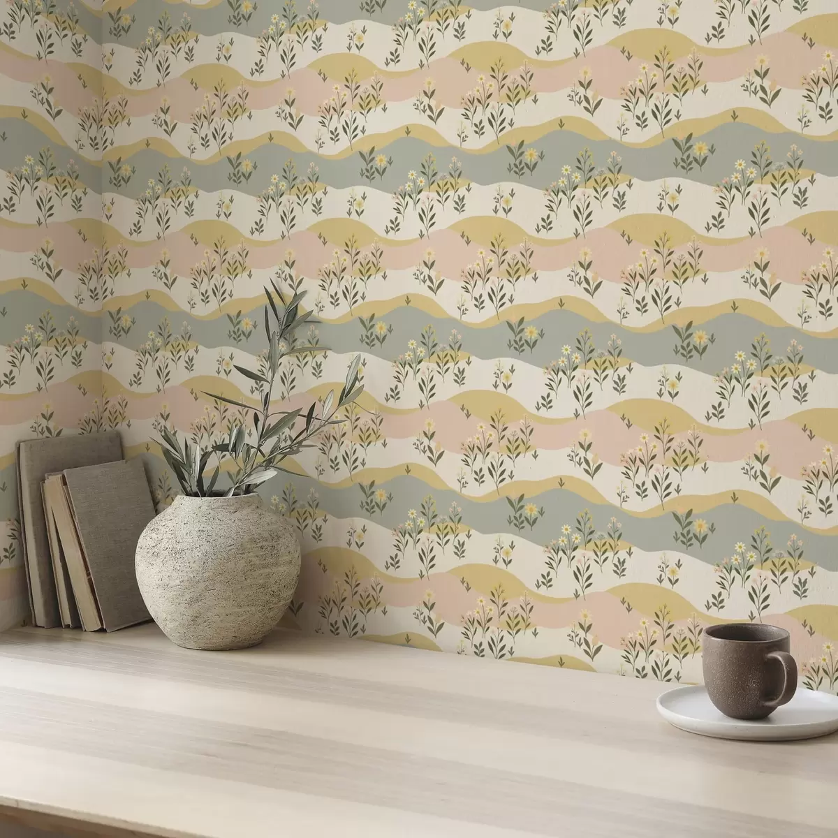 Behang Golvende weidebloemen in pastel minimalistische stijl a00396