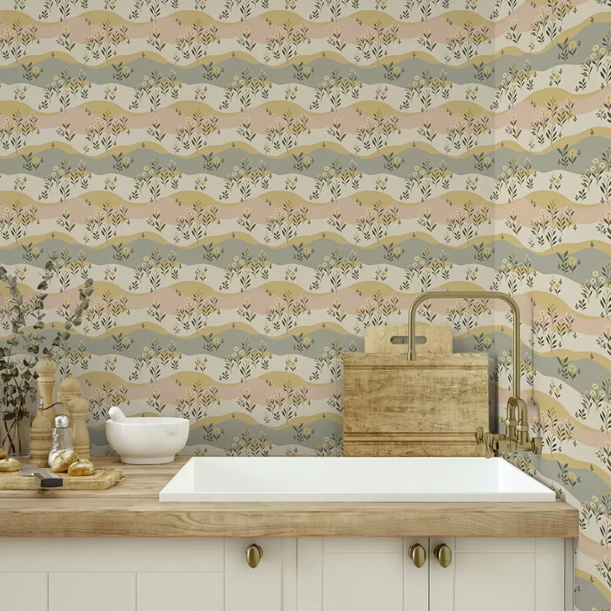 Behang Golvende weidebloemen in pastel minimalistische stijl a00396