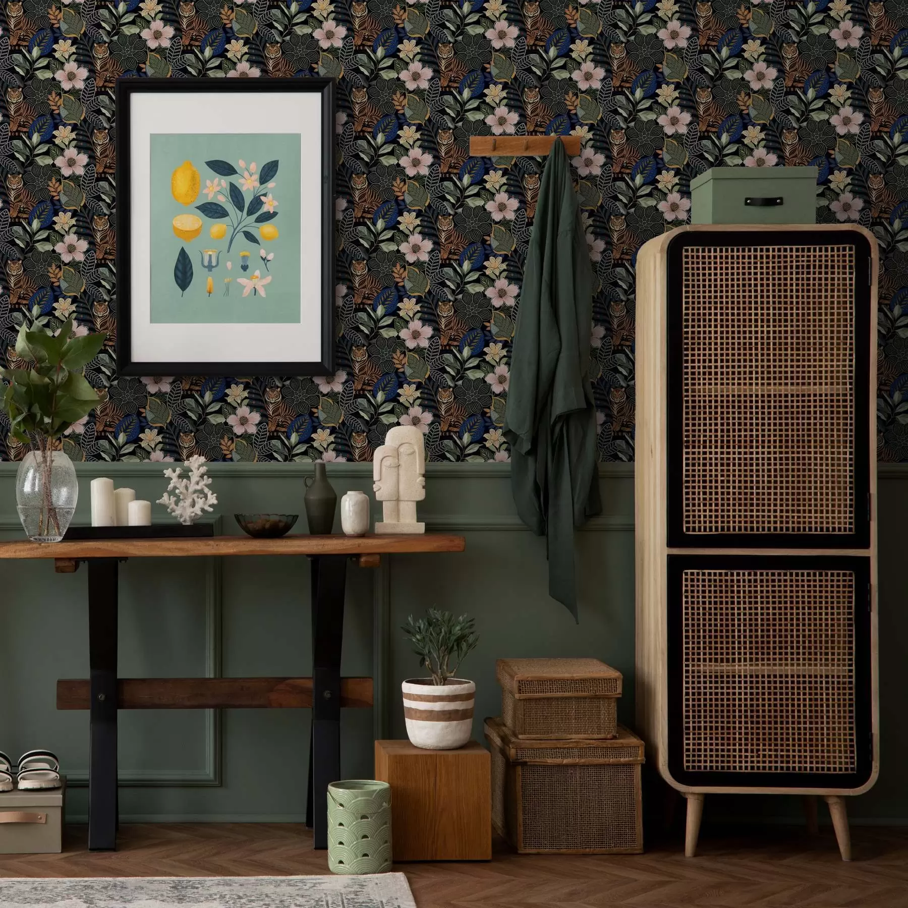Fotobehang Tijgers tussen heldere tropische bloemen en bladeren a00426