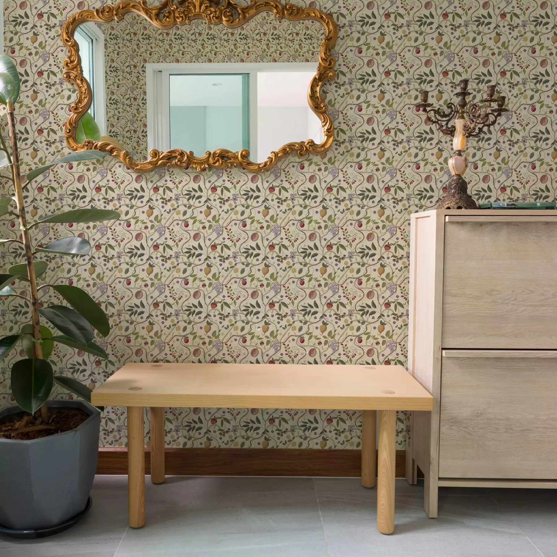 Fotobehang Fruitpatroon met bessen, takken en bloemen a00428