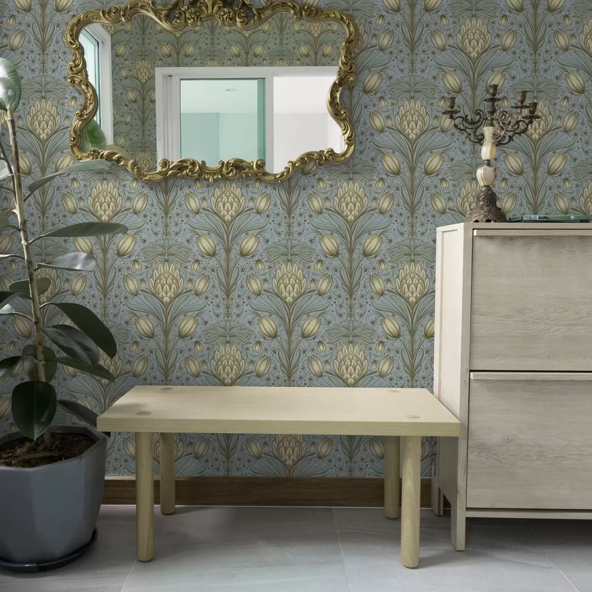 Behang Blauw patroon met artisjokken en tulpen a00435