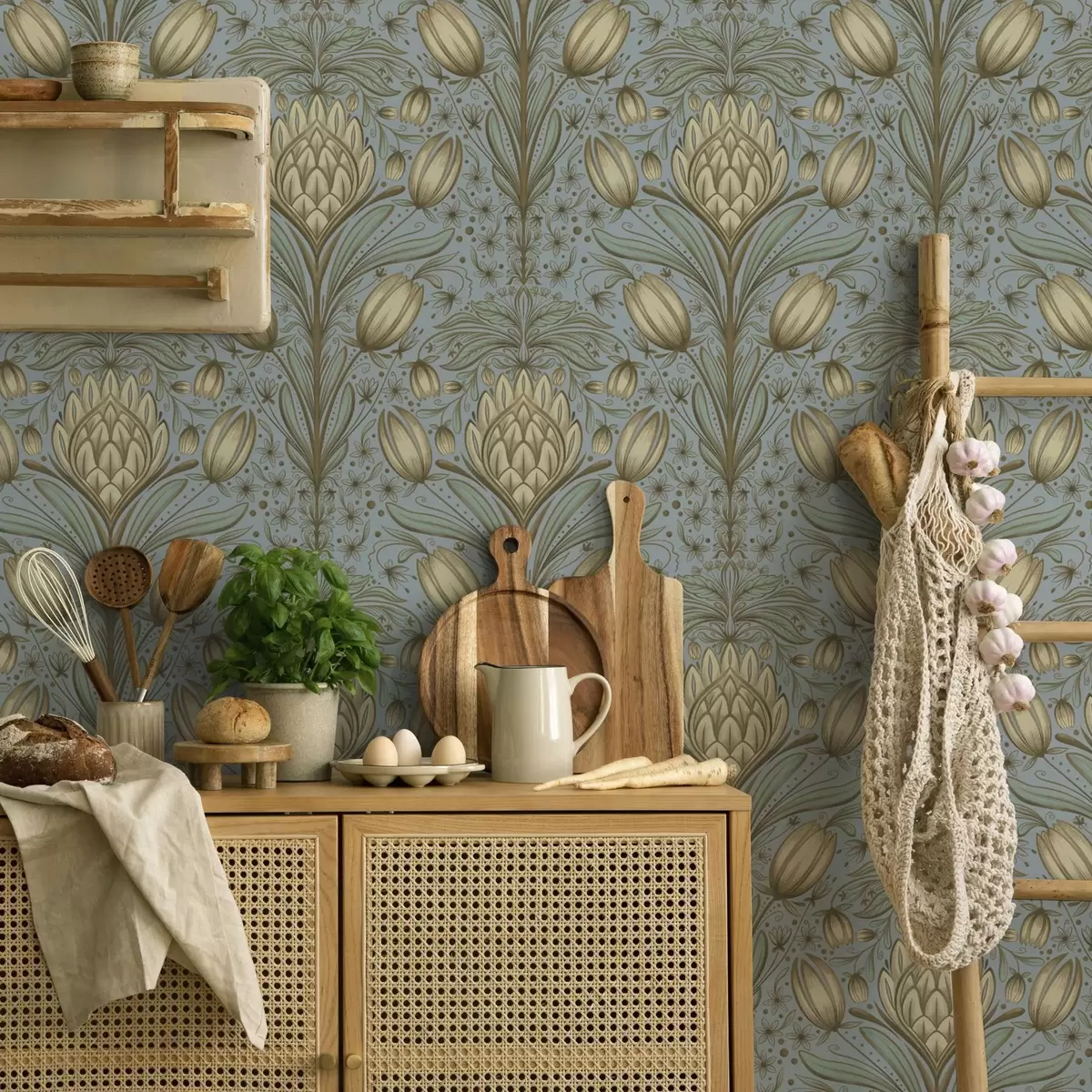 Behang Blauw patroon met artisjokken en tulpen a00435