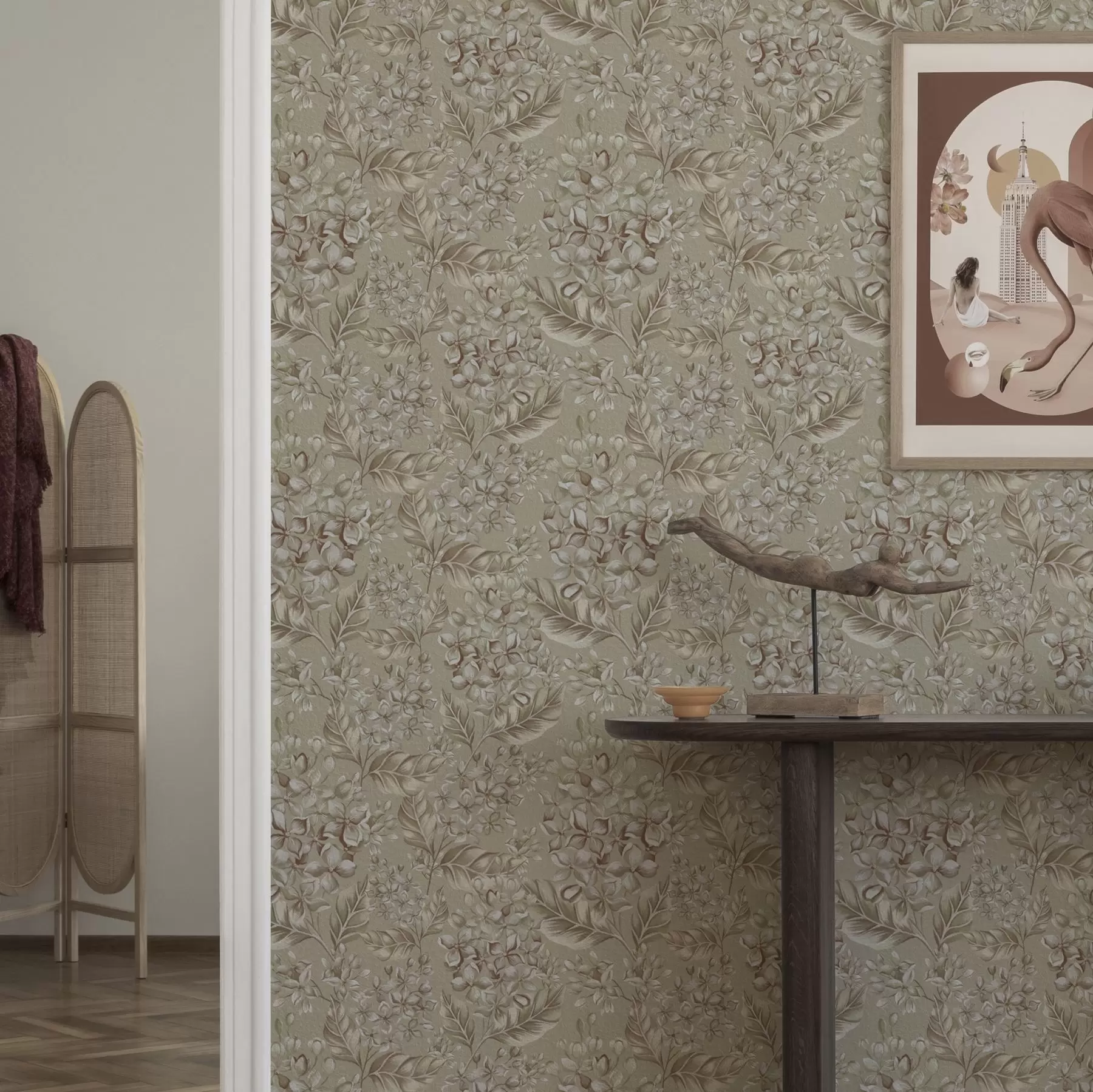 Fotobehang Beige takken met witte bloemen in warme tinten a00441