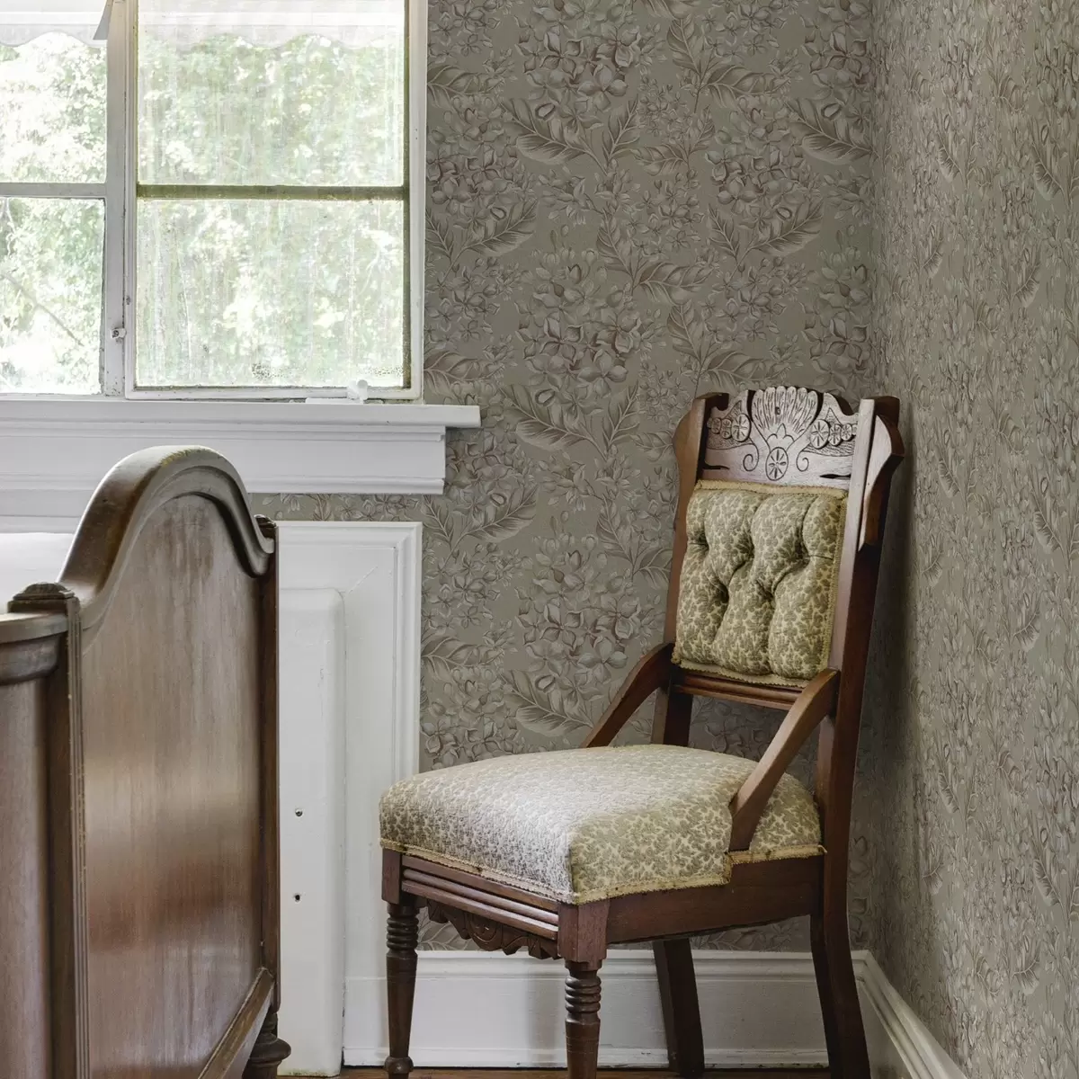 Behang Beige takken met witte bloemen in warme tinten a00441