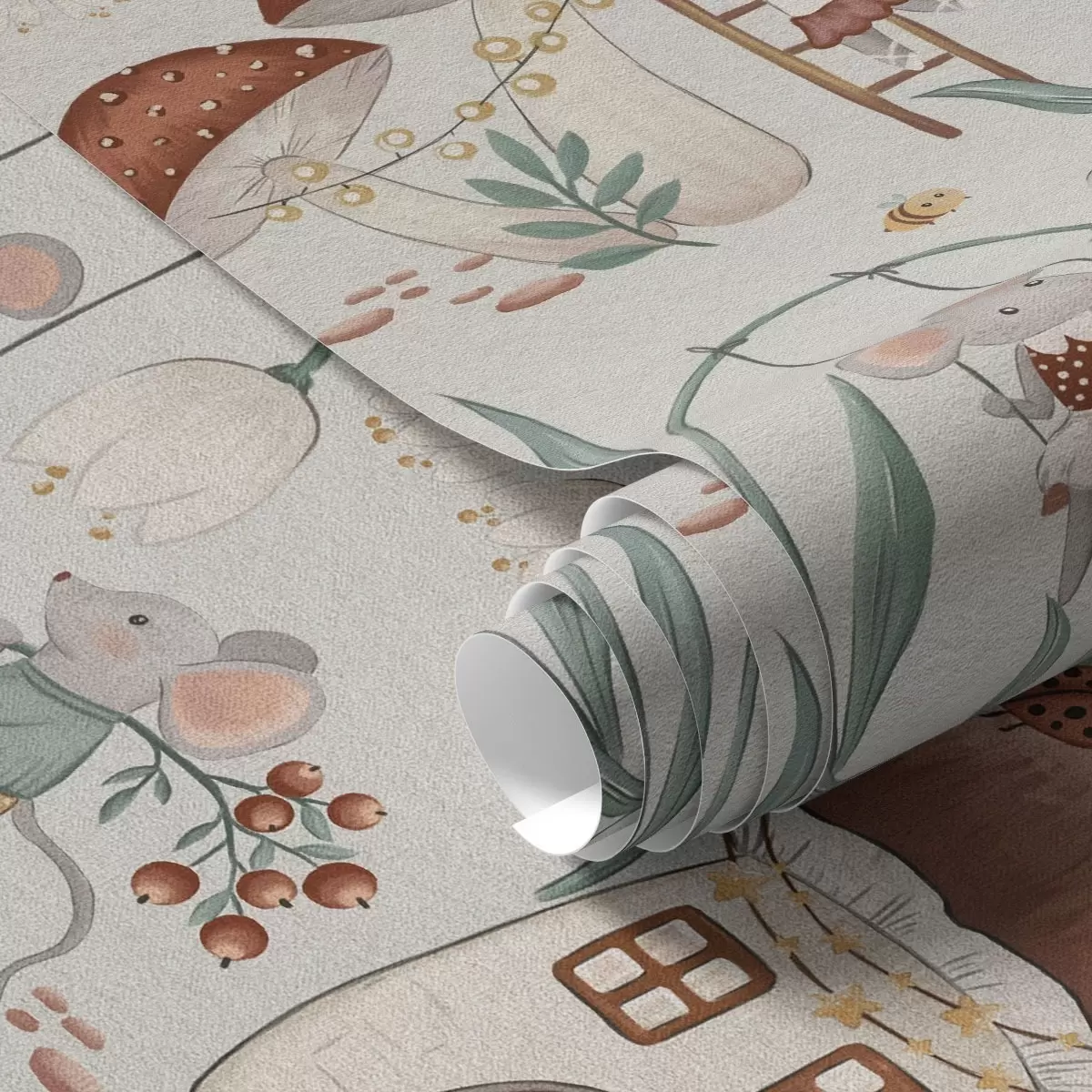 Behang Schattige muizen en paddenstoelen op de achtergrond van een mooi boslandschap a00450