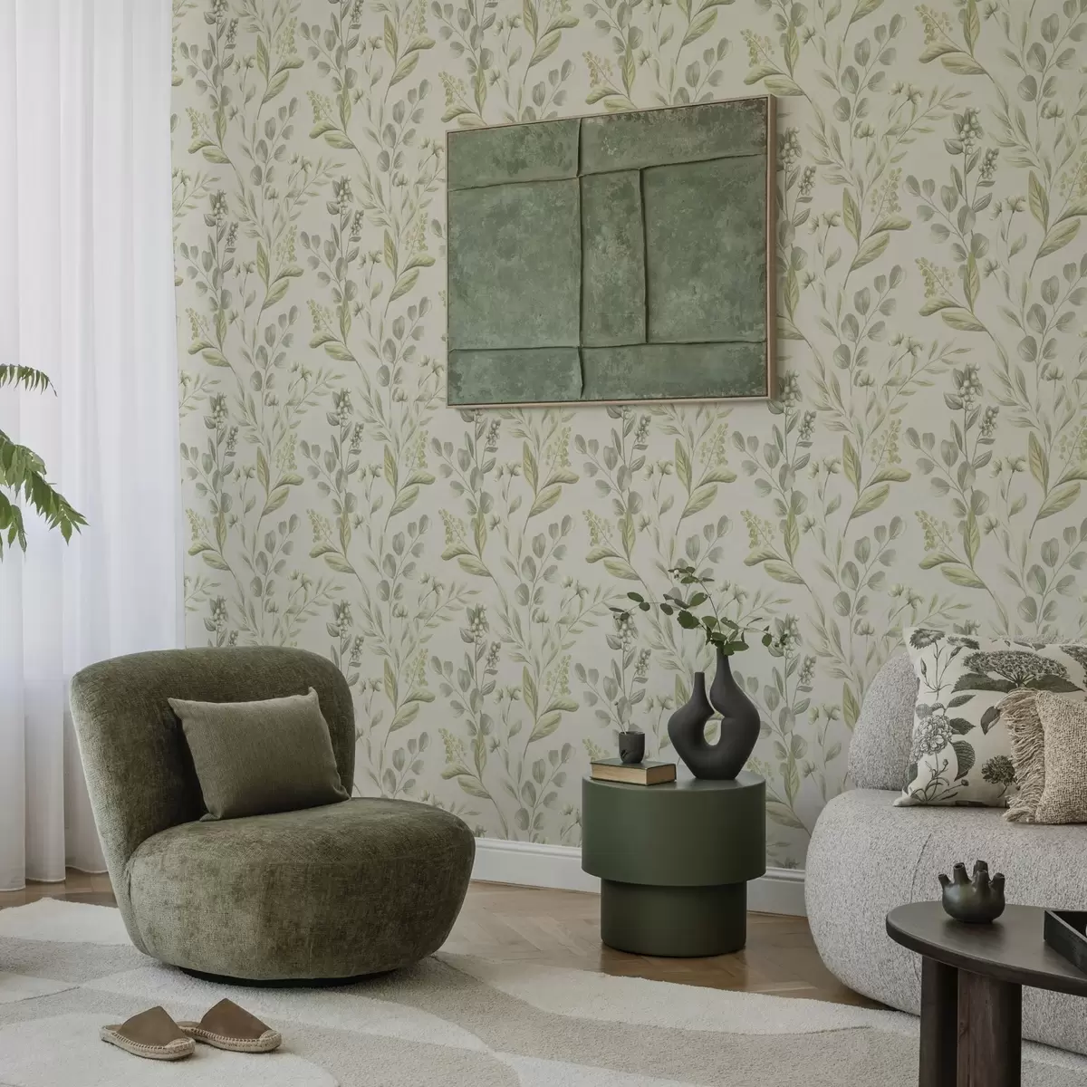 Behang Lichtgroene eucalyptus in aquarel Groene eucalyptus in aquarel met botanisch patroon a00449