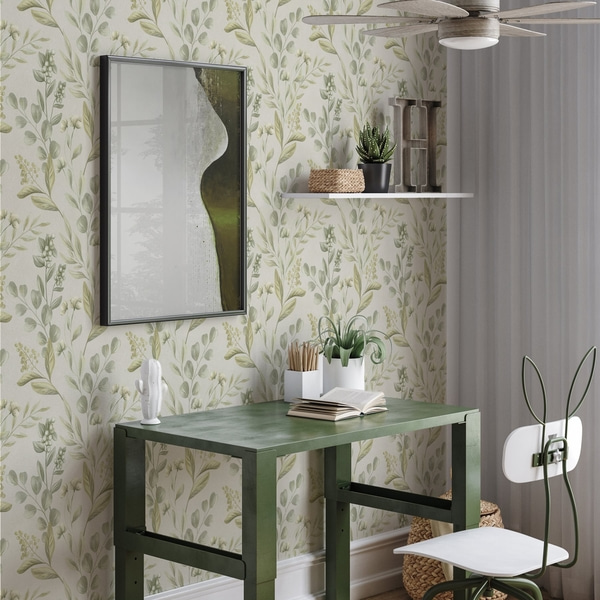 Behang Lichtgroene eucalyptus in aquarel Groene eucalyptus in aquarel met botanisch patroon, Behang bloemen, a00449 : Uwalls.nl
