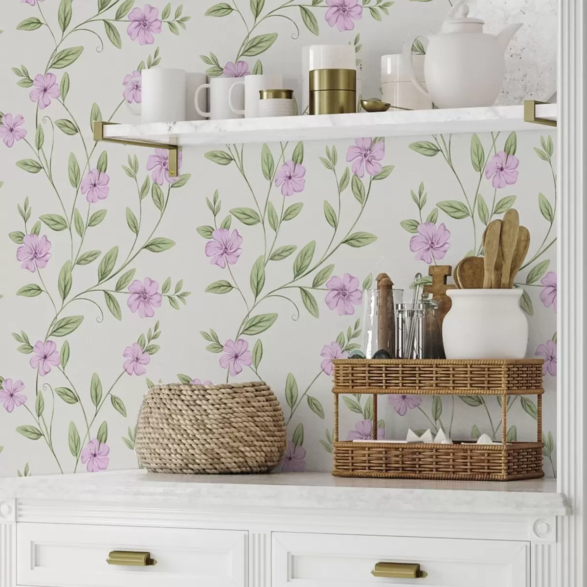 Behang Roze bloemen met groene wijnranken op een crèmekleurige achtergrond a00453