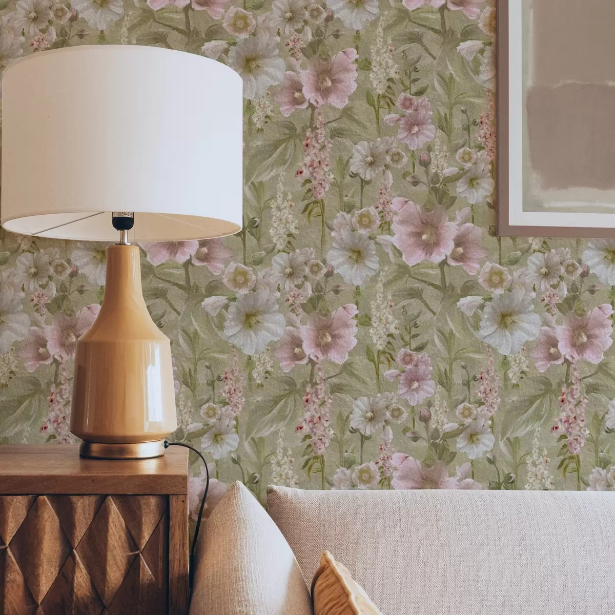Behang Romantische roze en witte stokrozen op gedempt groen a00456