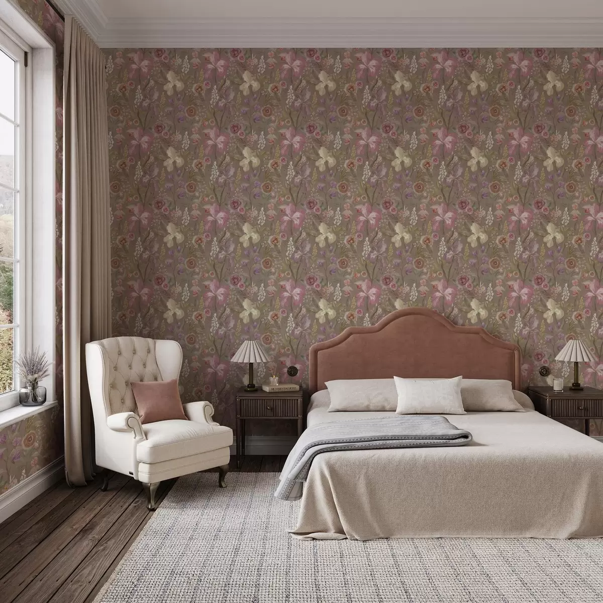 Behang Vintage roze iris bloempatroon op beige getextureerde achtergrond a00457