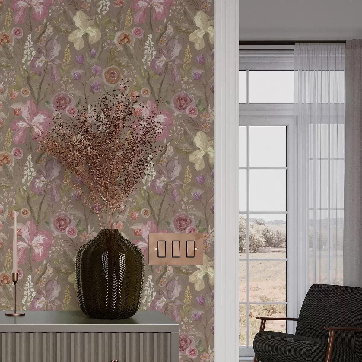 Behang Vintage roze iris bloempatroon op beige getextureerde achtergrond a00457