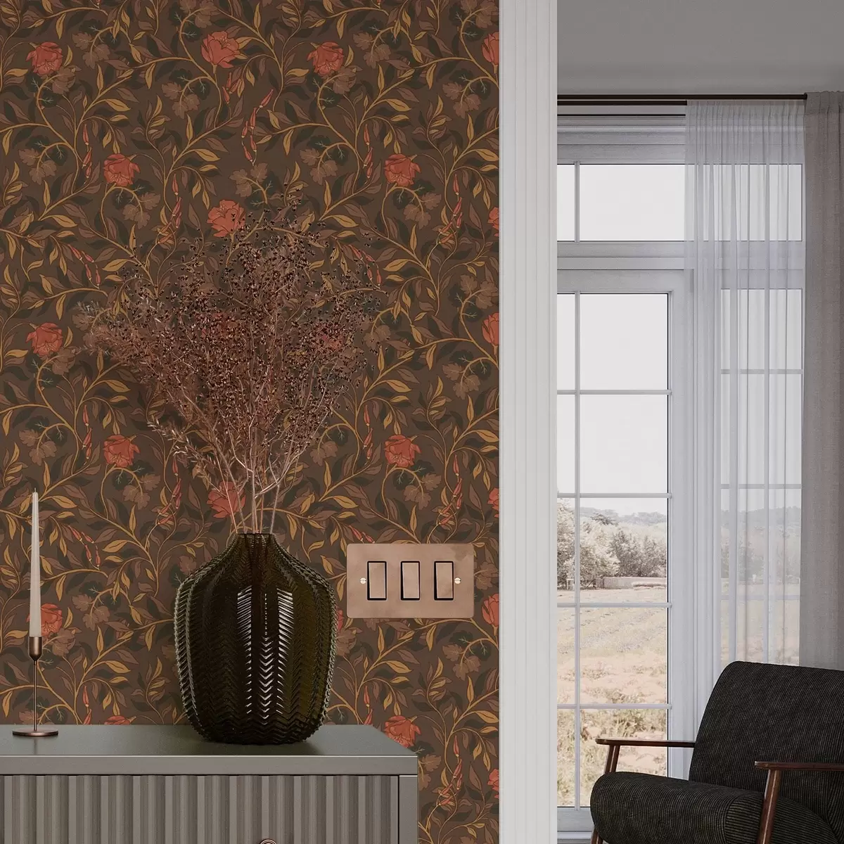 Behang Bloeiende terracotta takken op een bruine achtergrond a00460