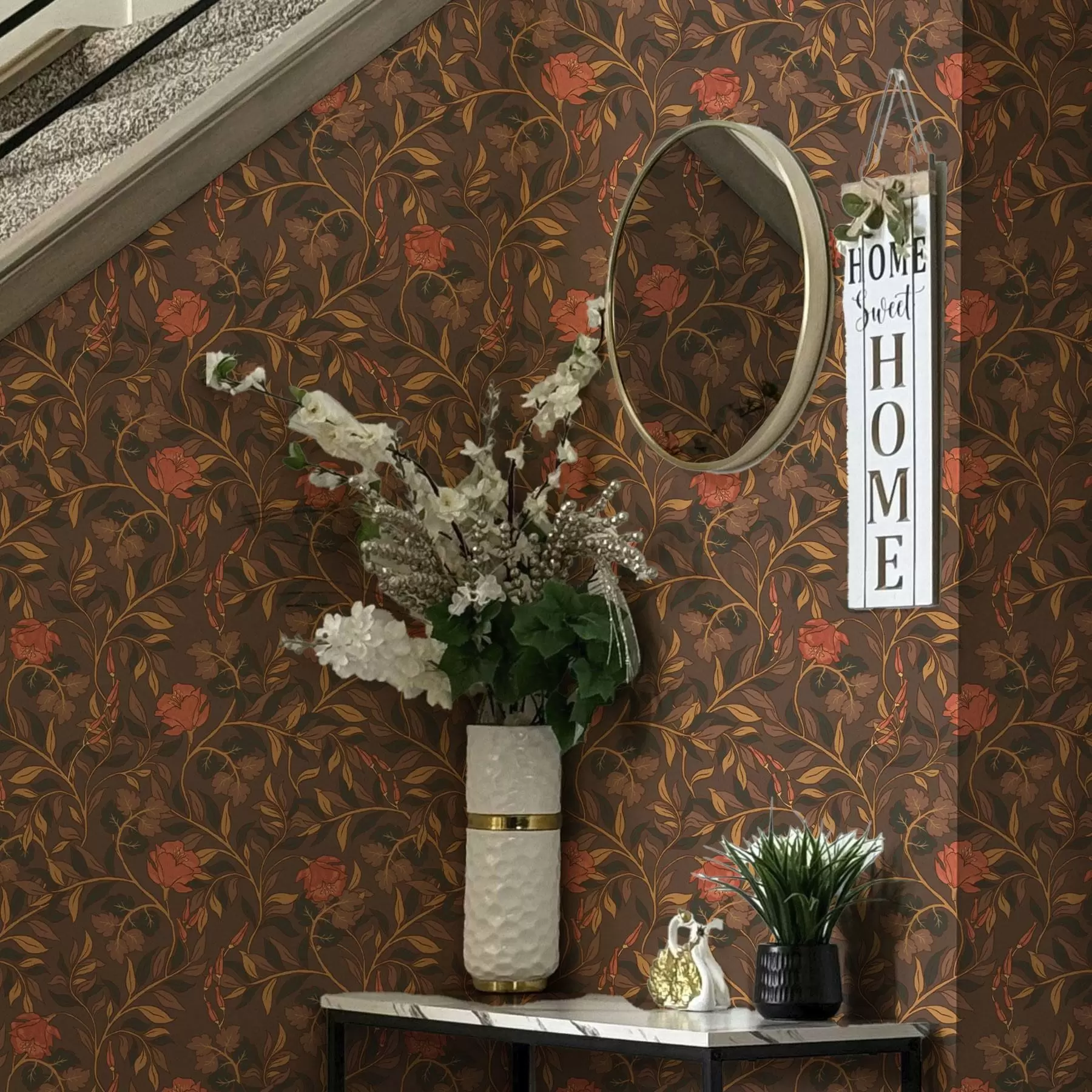 Fotobehang Bloeiende terracotta takken op een bruine achtergrond a00460