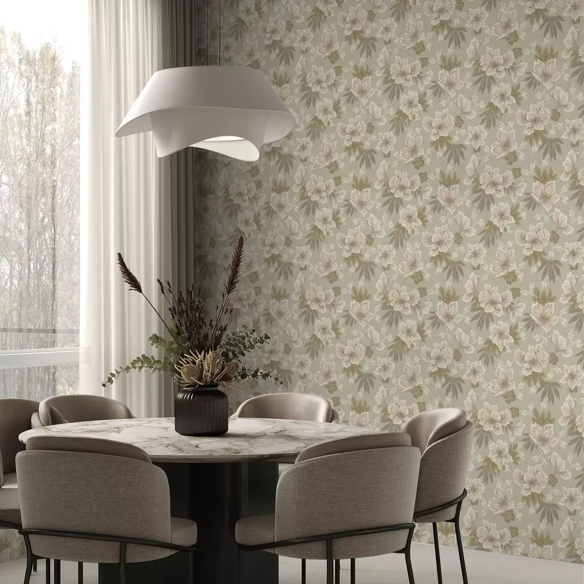 Behang Crème bloemen op een olijfgroene achtergrond a00462