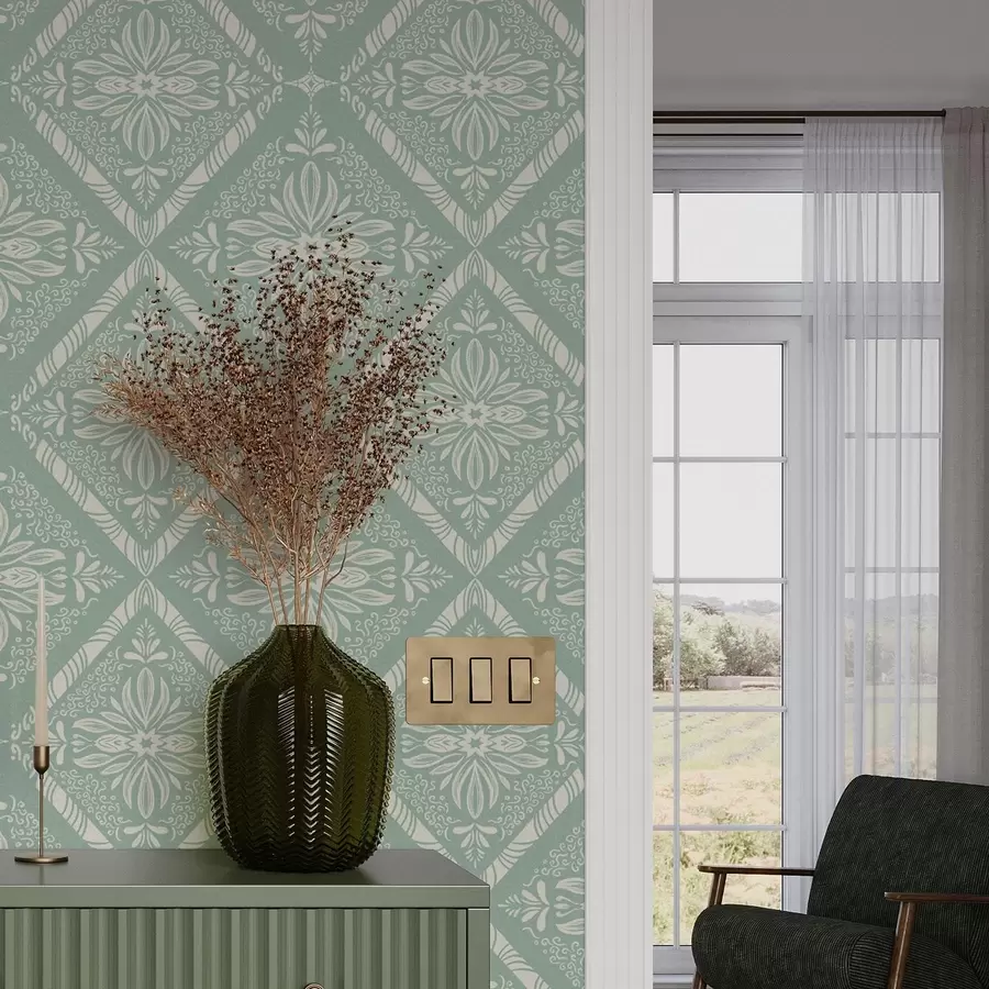 Fotobehang Geometrisch patroon in turkoois en beige met krullen a00466
