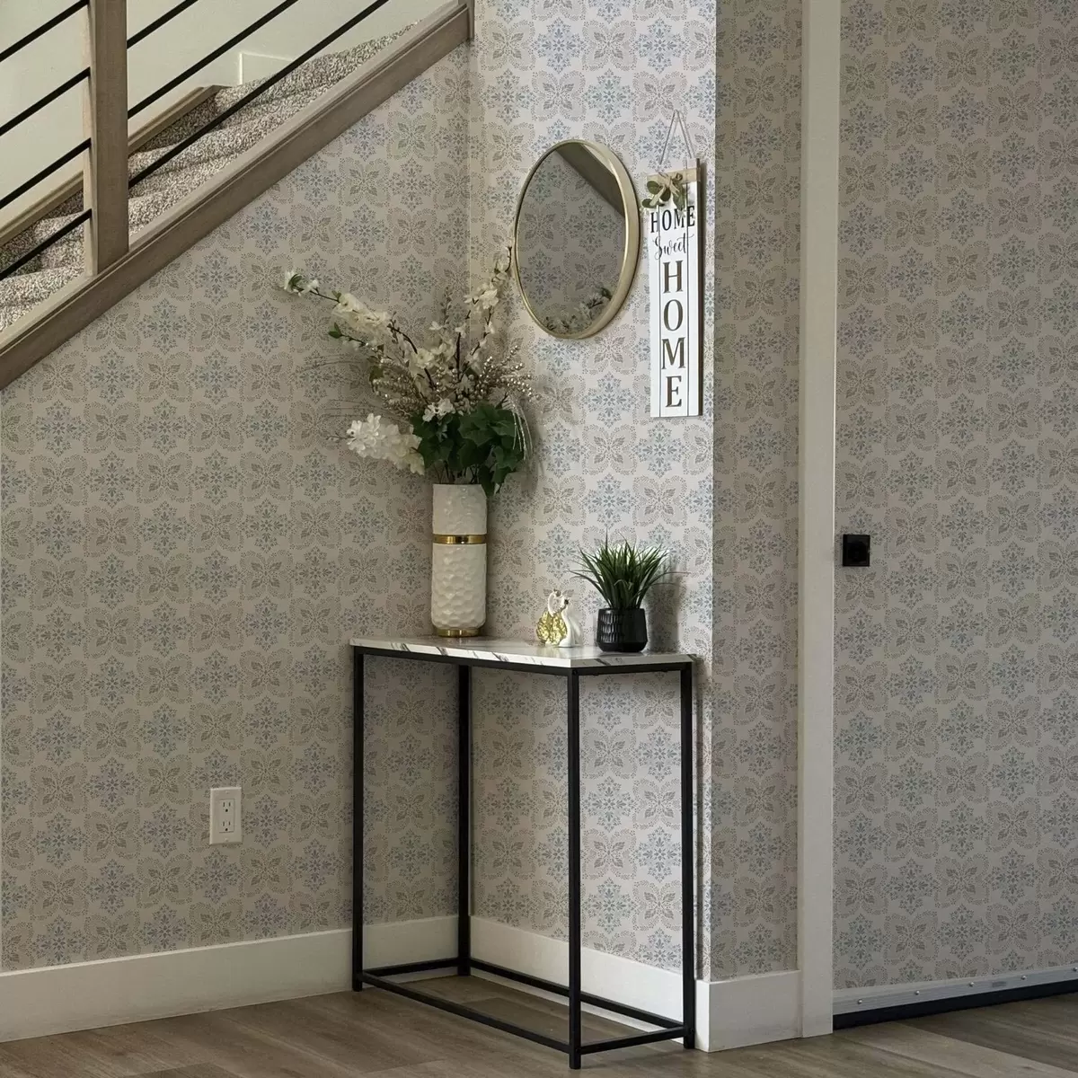 Behang Symmetrische grijsblauwe bladmotieven a00467