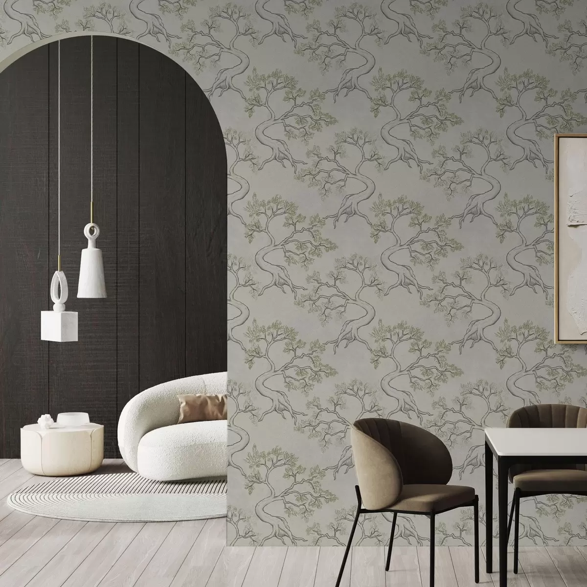 Behang Monochrome bomen met mooie gebogen stammen a00468
