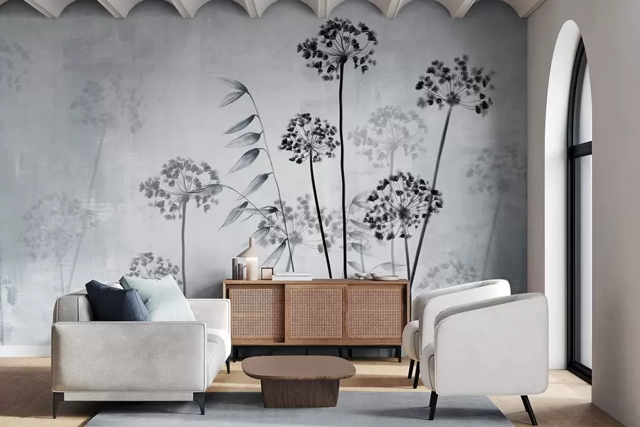 Fotobehang Gedroogde bloemen tekening met lange stelen, monochroom palet, tegen een gestructureerde, lichtgrijze achtergrond, botanische illustratie w09314