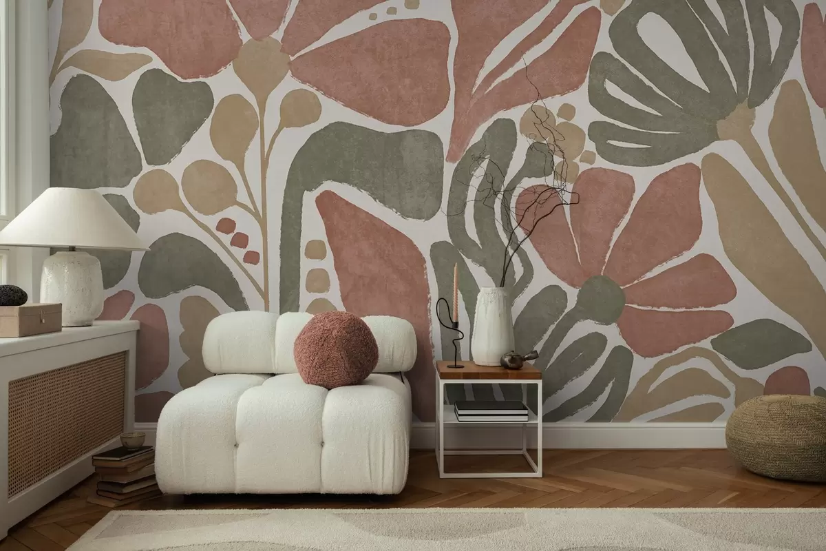 Fotobehang Abstracte bloemen in tinten rood, groen en beige, met een lichte achtergrond, in een plat, gestileerd modern minimalistisch ontwerp w09315
