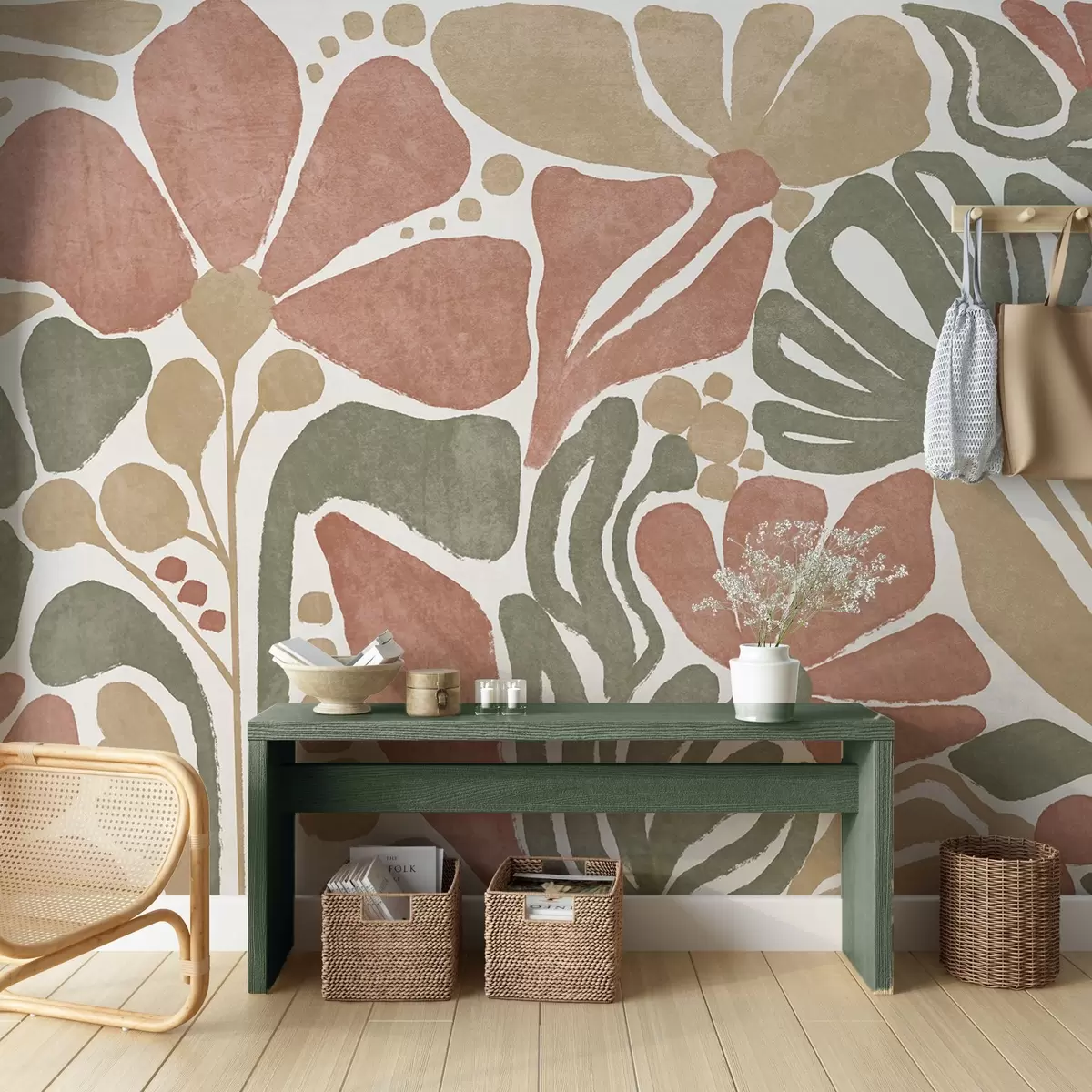 Fotobehang Abstracte bloemen in tinten rood, groen en beige, met een lichte achtergrond, in een plat, gestileerd modern minimalistisch ontwerp w09315