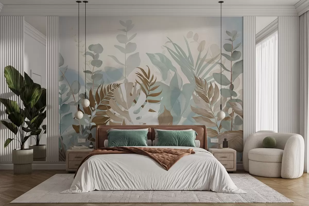 Fotobehang Pastel planten varens, monstera en eucalyptus, lichte getextureerde achtergrond, zachte verlichting, vredig , botanische illustratie w09316v1