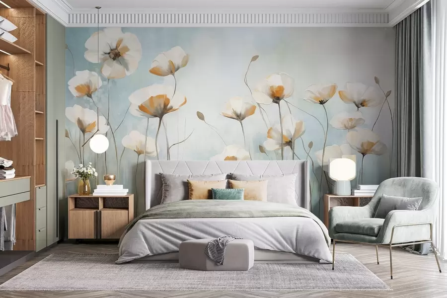 Fotobehang Witte klaprozen met textuur op lange stelen, lichtblauwe en groene achtergrond, zachte penseelstreken, delicaat bloemenveldarrangement w09317