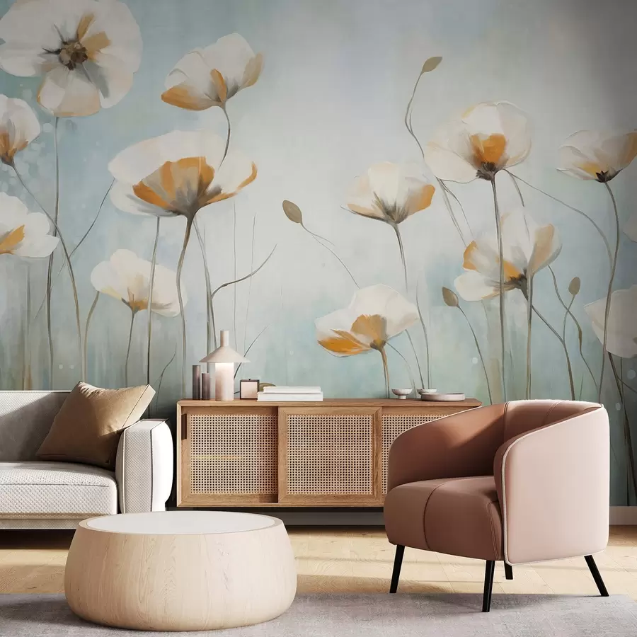 Fotobehang Witte klaprozen met textuur op lange stelen, lichtblauwe en groene achtergrond, zachte penseelstreken, delicaat bloemenveldarrangement w09317