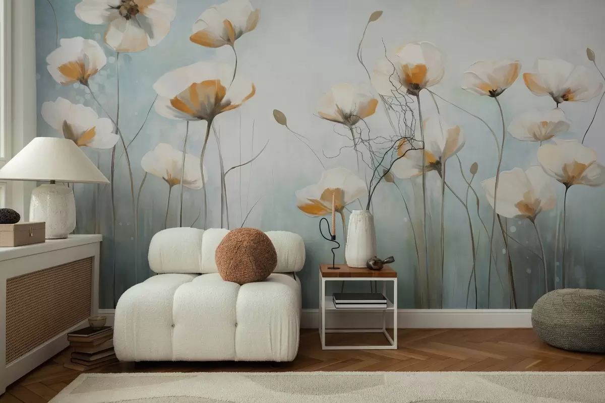 Fotobehang Witte klaprozen met textuur op lange stelen, lichtblauwe en groene achtergrond, zachte penseelstreken, delicaat bloemenveldarrangement w09317