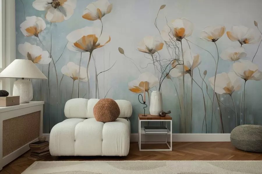 Fotobehang Witte klaprozen met textuur op lange stelen, lichtblauwe en groene achtergrond, zachte penseelstreken, delicaat bloemenveldarrangement w09317