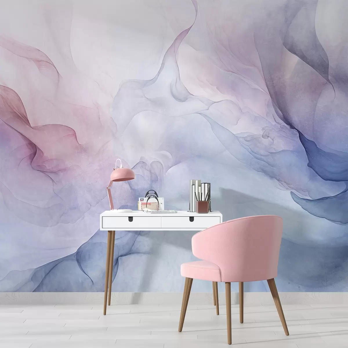 Fotobehang Abstract getextureerd schilderij met vloeiende pasteltinten roze, paars en blauw die een zacht effect creëren w09318