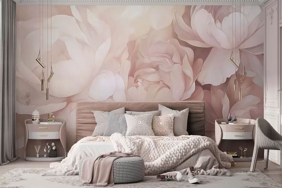 Fotobehang Licht pastelroze pioenrozen met zachte, delicate bloemblaadjes, dicht op elkaar gerangschikt, waardoor een dichte bloemsierkunst ontstaat, zachte verlichting w09319