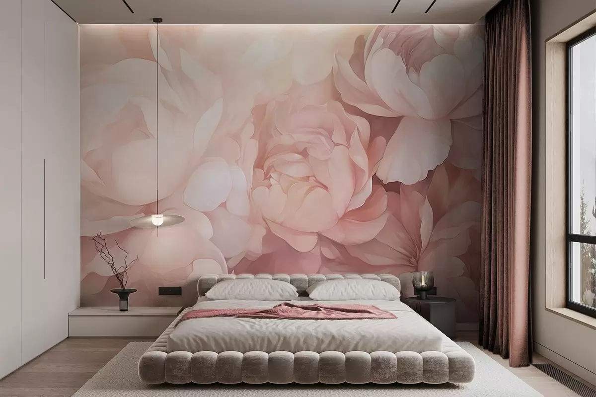 Fotobehang Licht pastelroze pioenrozen met zachte, delicate bloemblaadjes, dicht op elkaar gerangschikt, waardoor een dichte bloemsierkunst ontstaat, zachte verlichting w09319