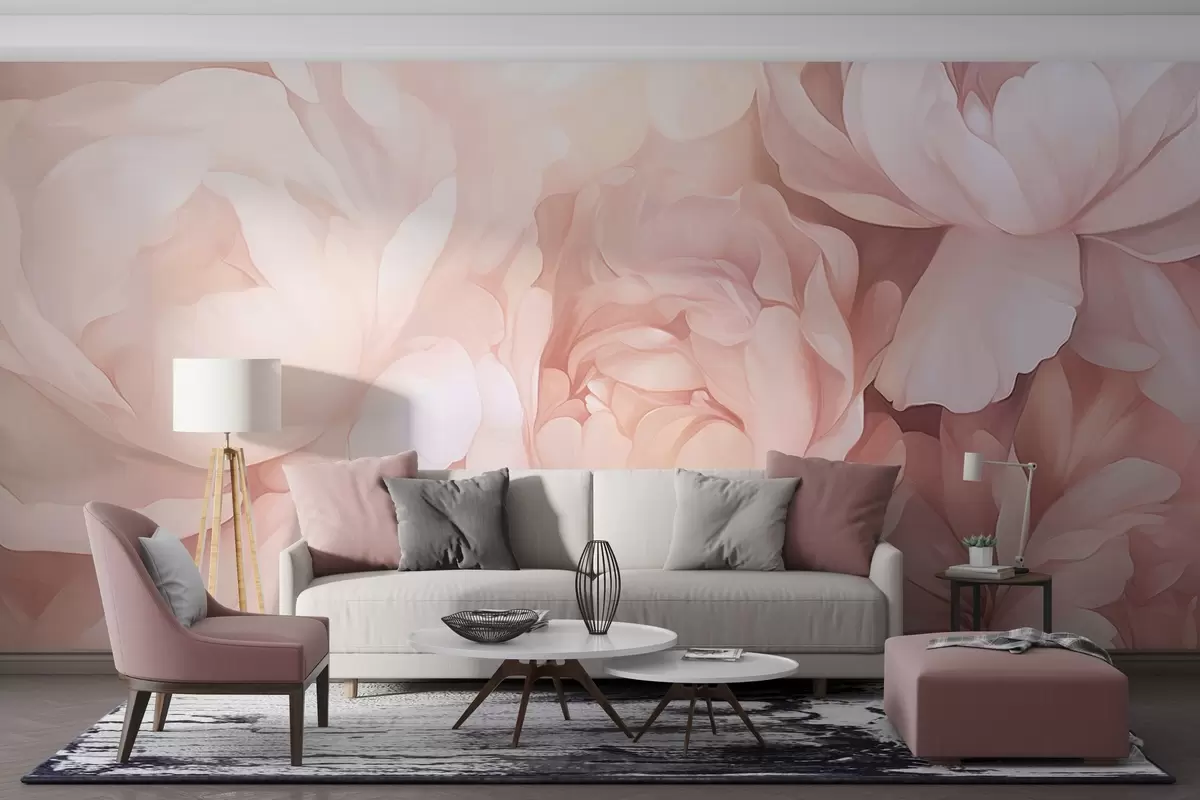 Fotobehang Licht pastelroze pioenrozen met zachte, delicate bloemblaadjes, dicht op elkaar gerangschikt, waardoor een dichte bloemsierkunst ontstaat, zachte verlichting w09319