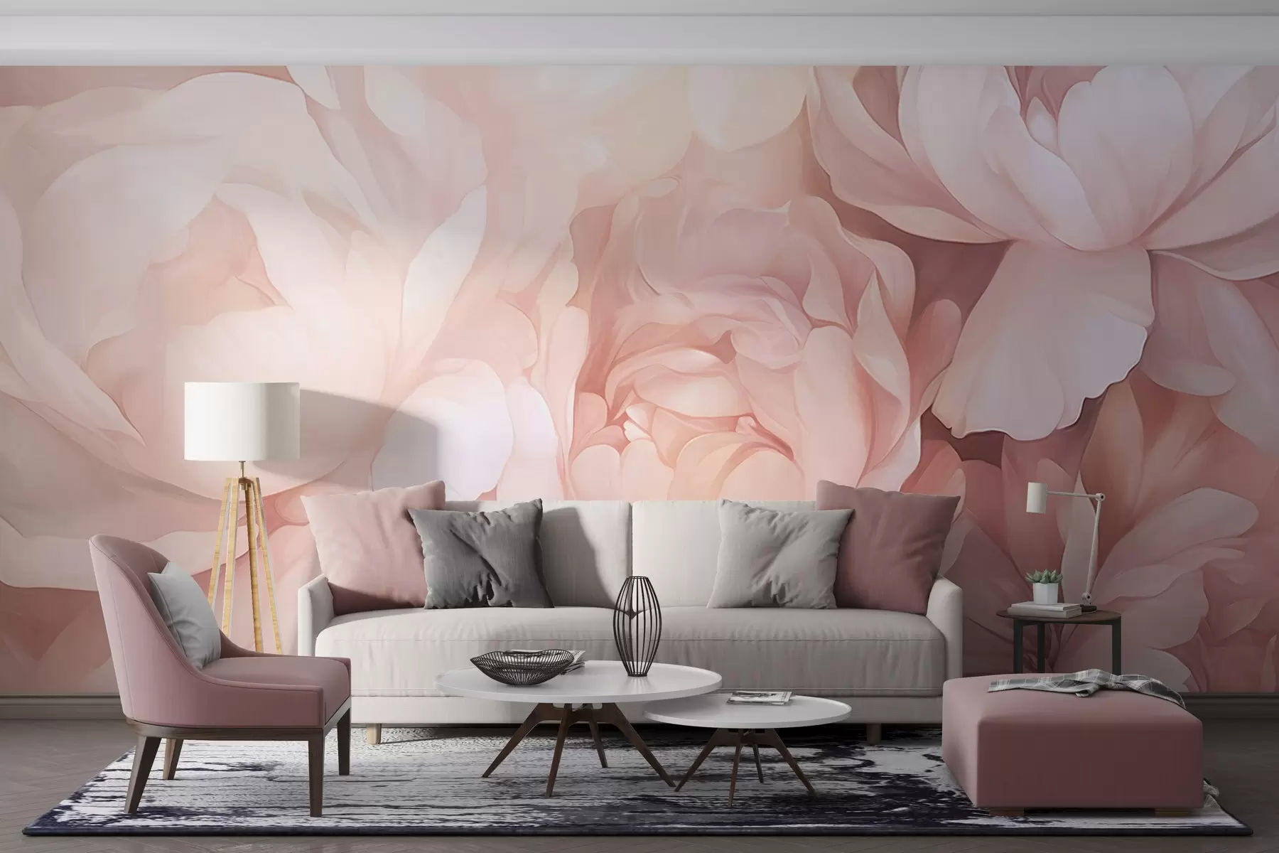 Fotobehang Licht pastelroze pioenrozen met zachte, delicate bloemblaadjes, dicht op elkaar gerangschikt, waardoor een dichte bloemsierkunst ontstaat, zachte verlichting w09319