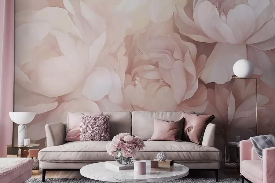 Fotobehang Licht pastelroze pioenrozen met zachte, delicate bloemblaadjes, dicht op elkaar gerangschikt, waardoor een dichte bloemsierkunst ontstaat, zachte verlichting w09319