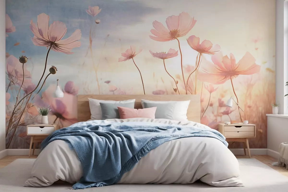 Fotobehang Een veld met roze structuurbloemen met lange stelen, tegen een zacht blauwe en gele lucht, die een dromerige sfeer creëert w09320