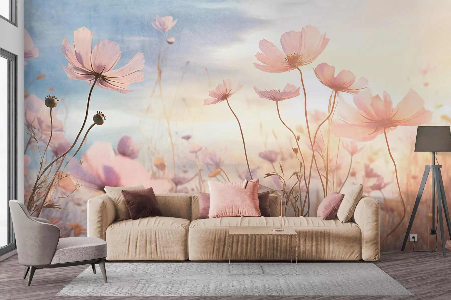 Fotobehang Een veld met roze structuurbloemen met lange stelen, tegen een zacht blauwe en gele lucht, die een dromerige sfeer creëert w09320