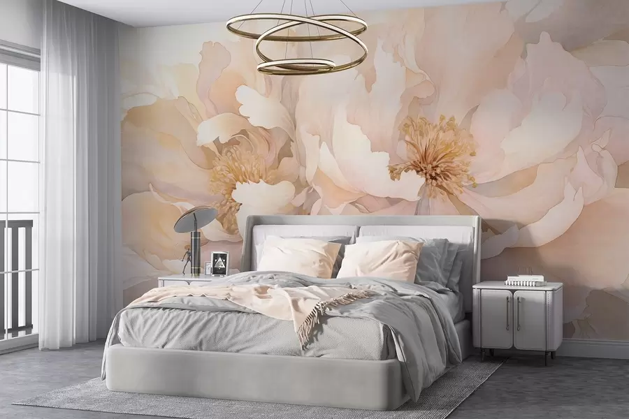 Fotobehang Bloemen met pioenentextuur en delicate bloemblaadjes in perzikkleurige en lichtroze tinten met een zachte, aquarelachtige textuur w09321