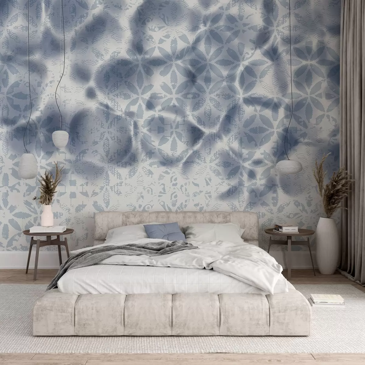 Fotobehang Abstract getextureerde kunst met blauwe bloemenprint, vervaagd en onscherp effect, waardoor een zachte en dromerige sfeer ontstaat w09322