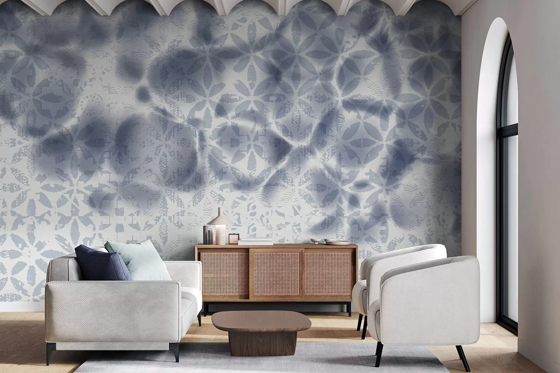 Fotobehang Abstract getextureerde kunst met blauwe bloemenprint, vervaagd en onscherp effect, waardoor een zachte en dromerige sfeer ontstaat w09322