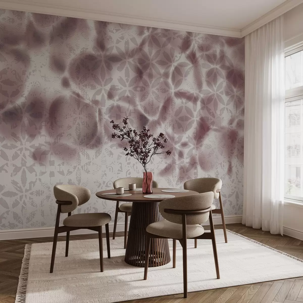 Fotobehang Abstract getextureerde kunst met bordo bloemenprint, vervaagd en onscherp effect, waardoor een zachte en dromerige sfeer ontstaat w09322v1