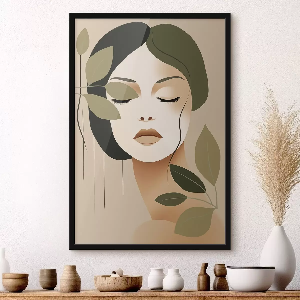 Poster Meisje met bladeren f45390