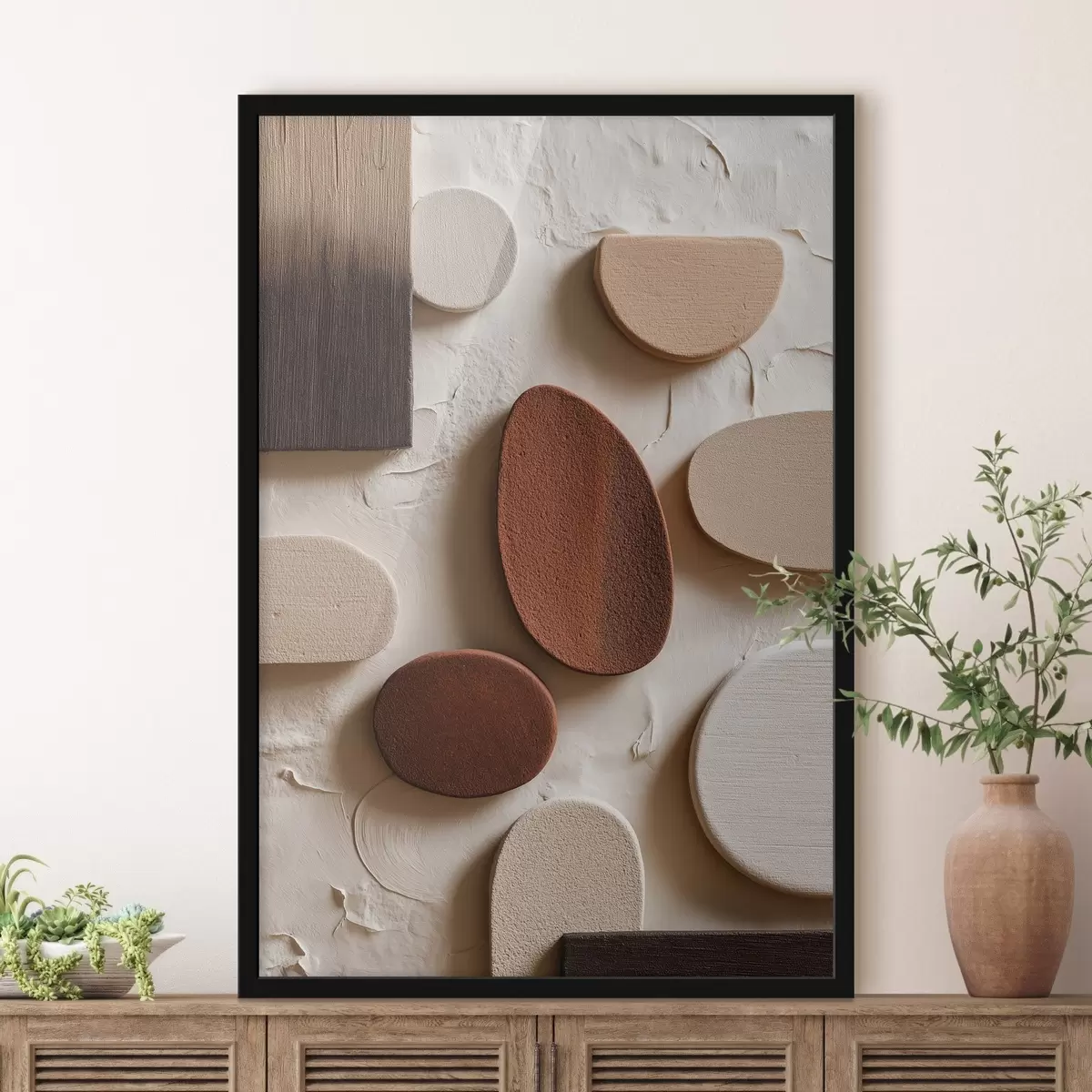 Poster Abstracte compositie met driedimensionale geometrische vormen op een reliëfachtergrond f45409