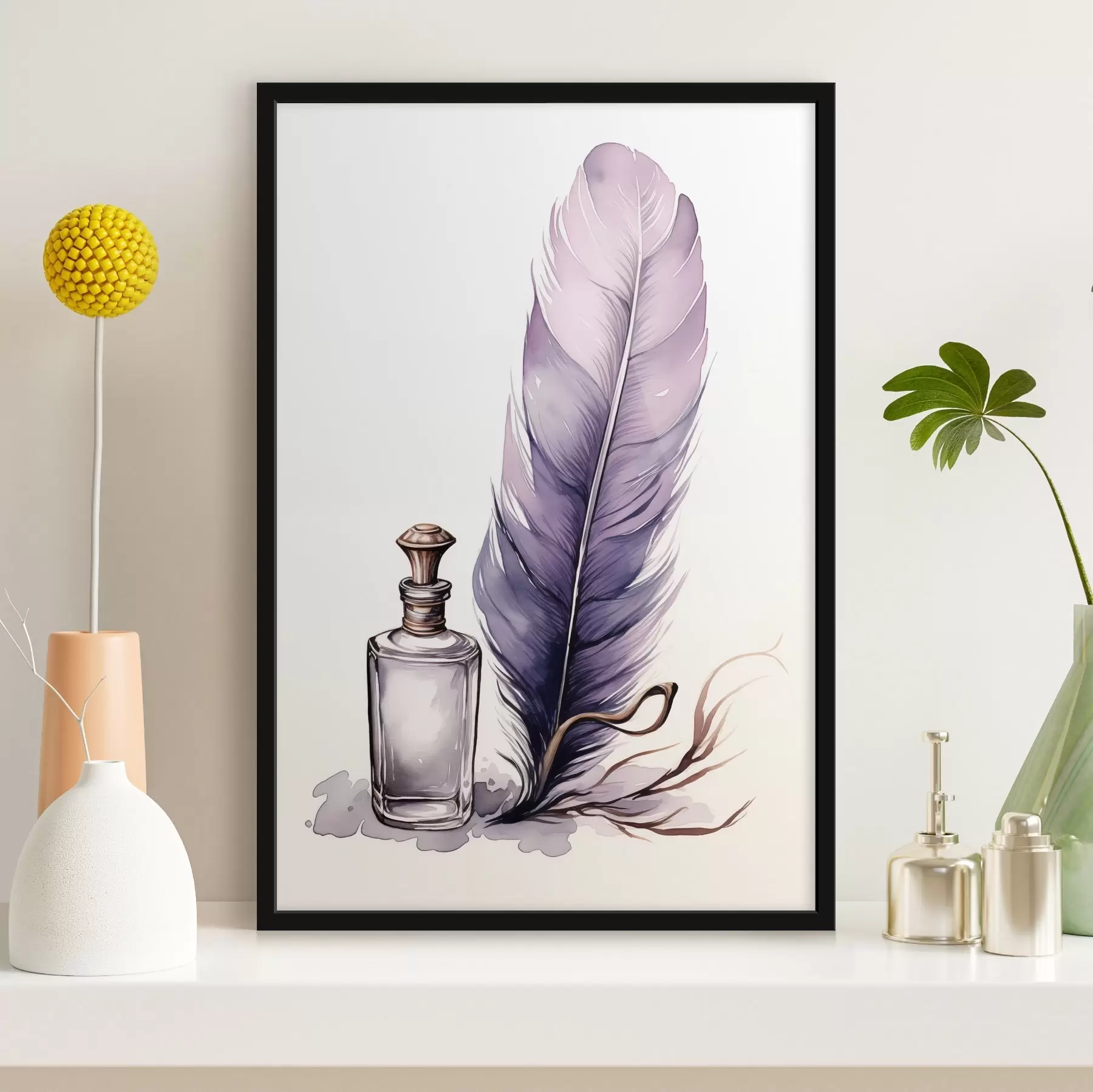 Fotobehang Aquarel illustratie van een veer en glazen inktfles f45410
