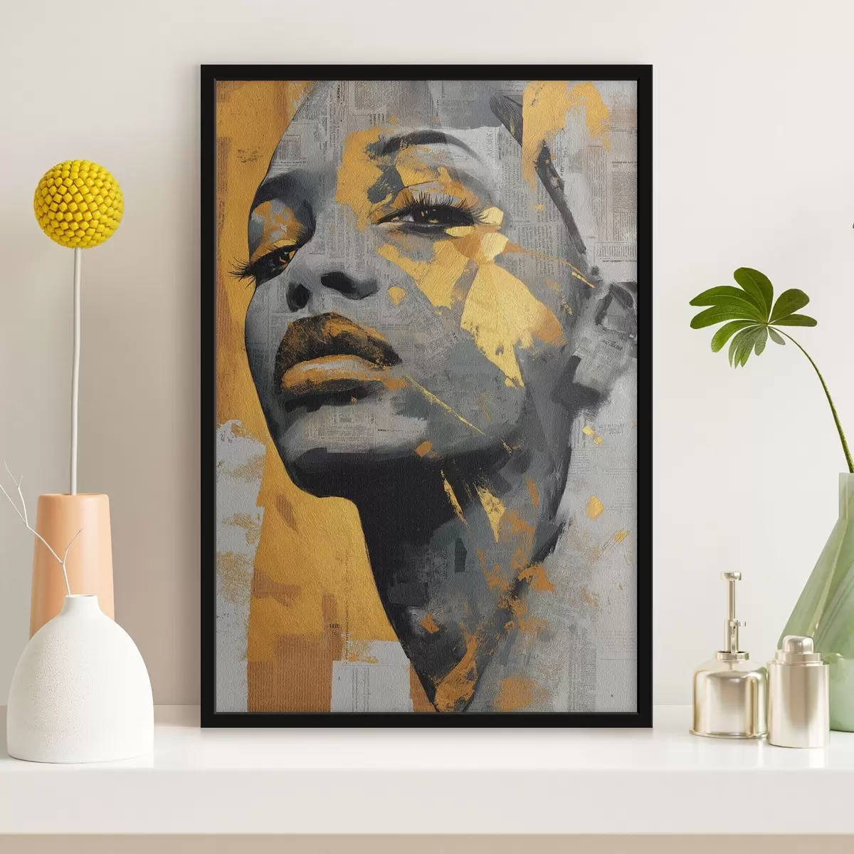 Poster Gemengde-media-portret met krantenfragmenten en decoratieve penseelstreken f45419