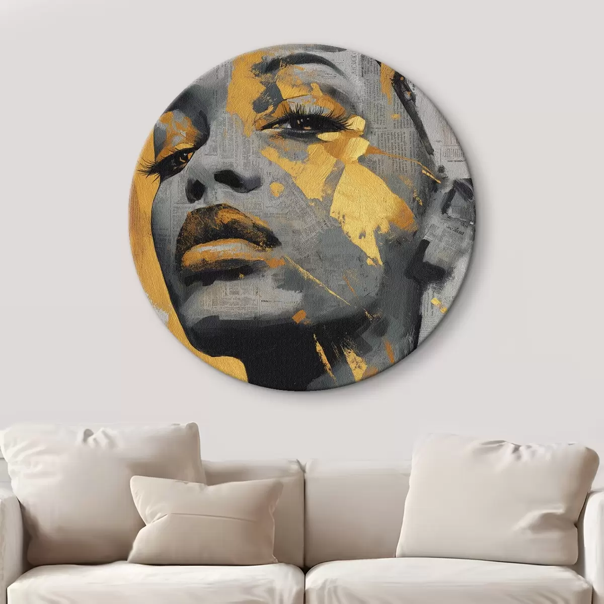 Ronde schilderijen Gemengde-media-portret met krantenfragmenten en decoratieve penseelstreken r45419