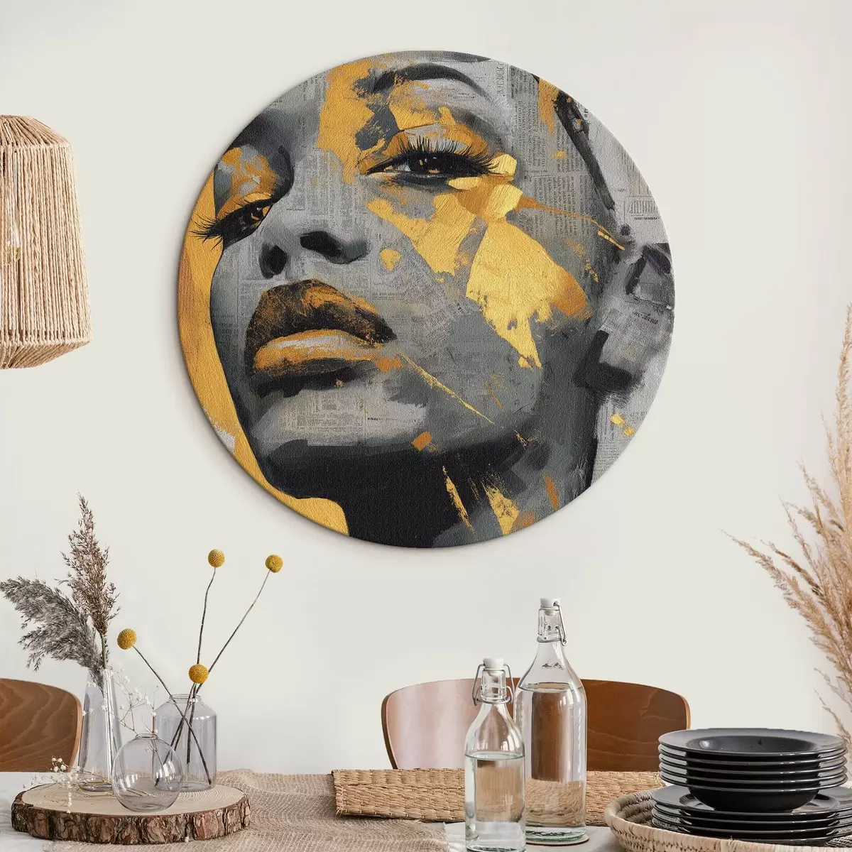 Ronde schilderijen Gemengde-media-portret met krantenfragmenten en decoratieve penseelstreken r45419